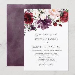 Boho Red en Paarse Waterverf Flowers Wedding Kaart