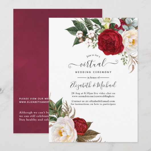 Boho Red en White Floral Online Virtual Wedding Kaart (Voorkant / Achterkant)