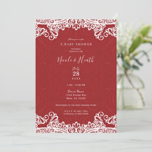 Boho Red en White Lace Bold Pattern Baby shower Kaart (Staand voorkant)