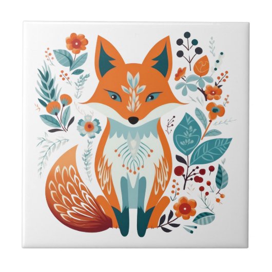 Boho Red Fox Scandinavische volkskunst Tegeltje (Voorkant)