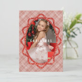 Boho Red Glitter & Plaid Ovaal Foto Kerstmis Feestdagenkaart (Staand voorkant)
