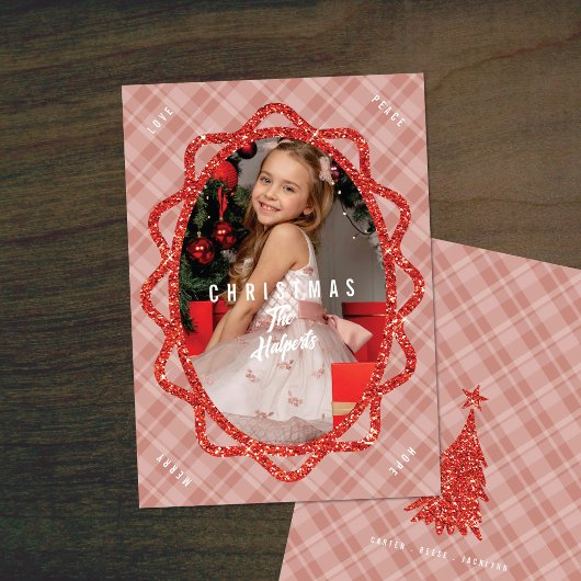 Boho Red Glitter & Plaid Ovaal Foto Kerstmis Feestdagenkaart
