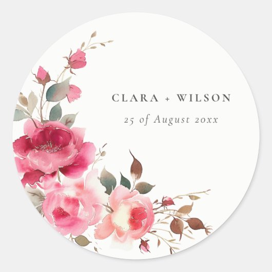 Boho Red Pink Rose Bloemen Waterverf Wedding Ronde Sticker (Voorkant)