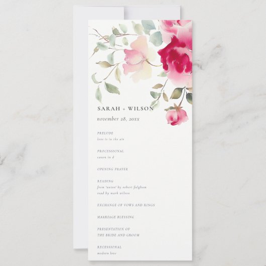 Boho Red Pink Rose Bloemen Wedding Programma (Voorkant)