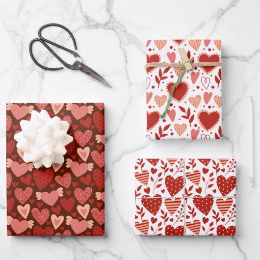 Boho Red Pink Valentijn Hearts Pattern Set 2 Inpakpapier Vel (Voorkant)