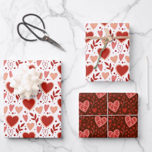 Boho Red Pink White Valentijn Hearts Pattern Inpakpapier Vel (Voorkant)