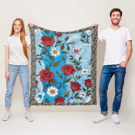 Boho Red Roses Daisies Kant Vlinders Blauw Fleece Deken (In situ)