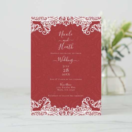 Boho Red & White Lace Bold Pattern Weddenschap Kaart (Staand voorkant)