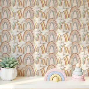 Boho Regenbogen en Wolken in Zachte Pastels Behang