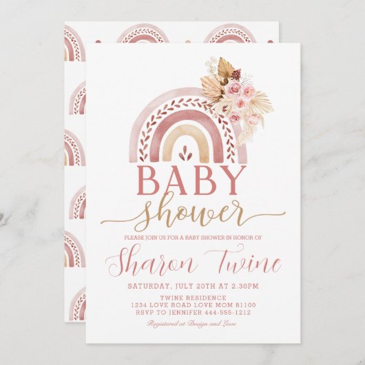 Boho Regenboog Baby shower Uitnodiging Pampas Gras (Voorkant / Achterkant)