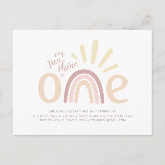 Boho Regenboog en Zonneschijn 1e Verjaardagsuitnod Briefkaart (Voorkant)
