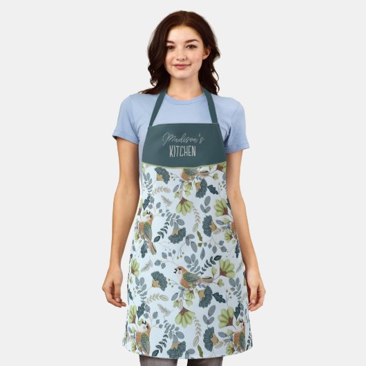 Boho Retro Bloem en Vogels Patroon Naam Schort (Gedragen)