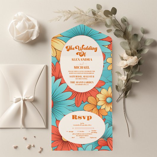 Boho Retro Bloemen Bruiloft All In One Uitnodiging
