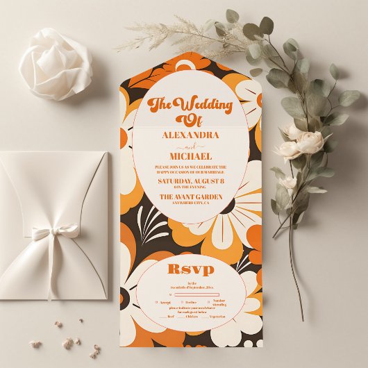 Boho Retro Bloemen Bruiloft All In One Uitnodiging