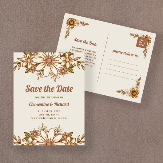 Boho Retro Bloemen | Bruiloft Bewaar de datum Aankondigingskaart