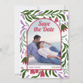 Boho retro boog kleurrijke folklore bloemen magent save the date (Voorkant)