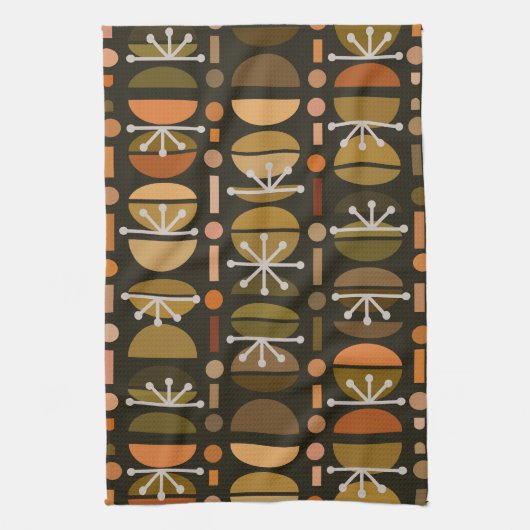 Boho Retro Bowls Lines Dark Earth Tones Theedoek (Verticaal)