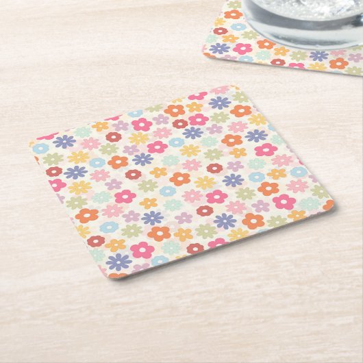 Boho Retro Daisy Flowers, zomer 70 Vierkante Kartonnen Onderzetter (Schuin)