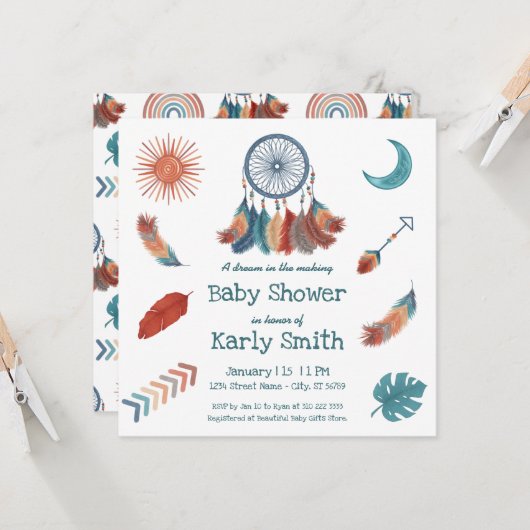 Boho Retro Dreamcatcher Baby shower Invitation (Devant/Arrière en situation)