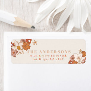 Boho Retro Groovy Sinaasappel Bloemen Etiket