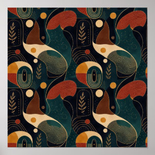 Boho Retro Organische Vormen in Navy Teal Terracot Poster