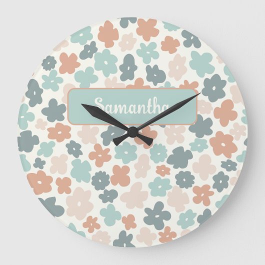 Boho retro pastel flower print grote klok (Voorkant)