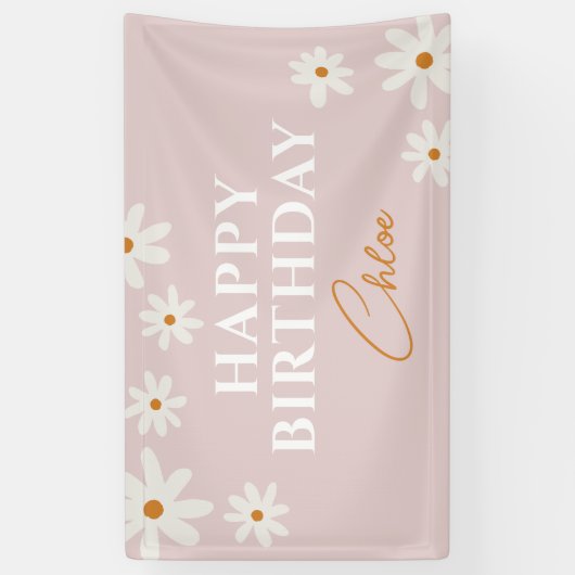 Boho Retro Roze Daisy Bloemen Gelukkige Verjaardag Spandoek (Verticaal)