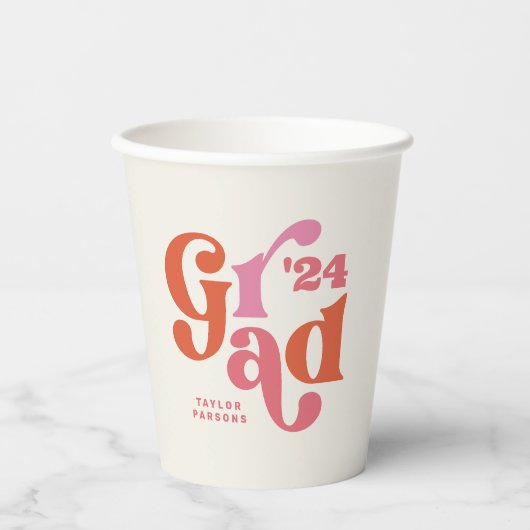Boho Retro Roze en Oranje Afstuderen Cup Papieren Bekers (Voorkant)