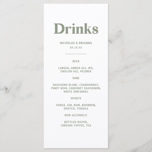 Boho Retro Sage Green Wedding Drinks Menu (Devant)