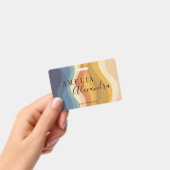 Boho Retro Script Abstract Wavy Lines Geel Blauw Badge (Handheld)