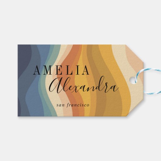 Boho Retro Script Abstract Wavy Lines Geel Blauw Cadeaulabel (Voorkant (Horizontaal))