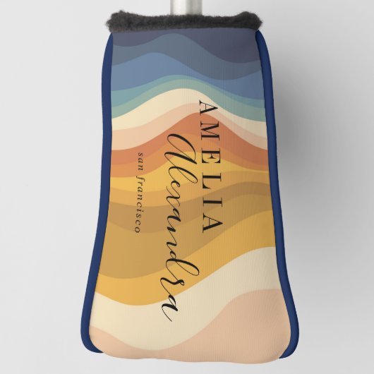 Boho Retro Script Abstract Wavy Lines Geel Blauw Golfheadcover (Draai 90)