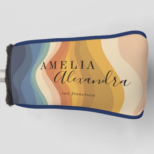 Boho Retro Script Abstract Wavy Lines Geel Blauw Golfheadcover (Voorkant)