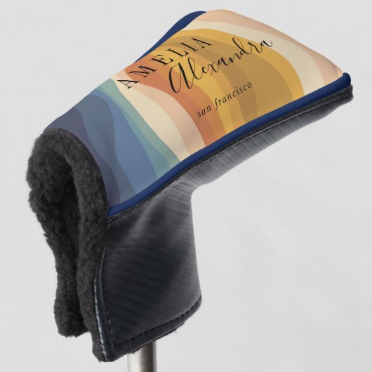 Boho Retro Script Abstract Wavy Lines Geel Blauw Golfheadcover (3/4 voorkant)
