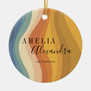 Boho Retro Script Abstract Wavy Lines Geel Blauw Keramisch Ornament