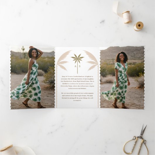 Boho Retro Tropical Palm Tree Afstuderen Foto Drieluik Aankondiging (Binnen)