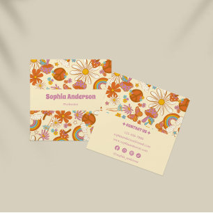 Boho Retro Visitekaartje met Pastel 70s Bloemen