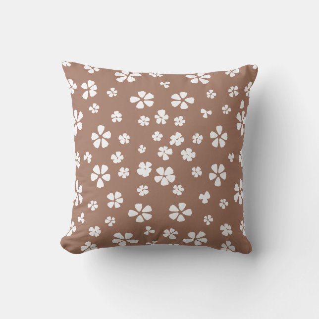 Boho retro witte wilde bloem mocha bruin kussen (Voorkant)
