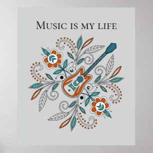 Boho Rock'n'Roll gitaar met bloemen Poster