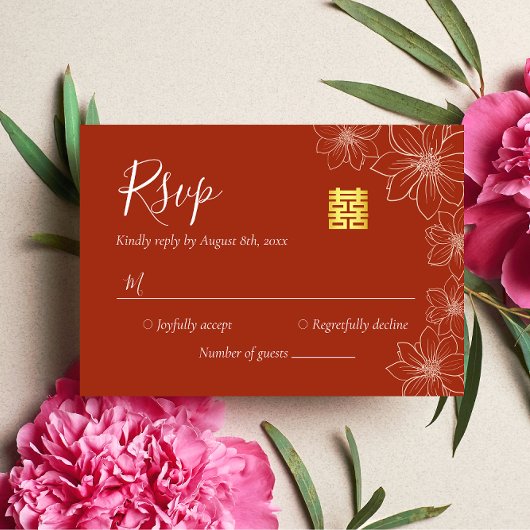 Boho rode moderne bloemen Chinese bruiloft RSVP Kaartje