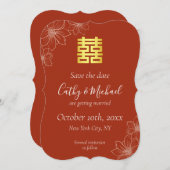 Boho rode moderne bloemen Chinese bruiloft Save The Date (Voorkant / Achterkant)
