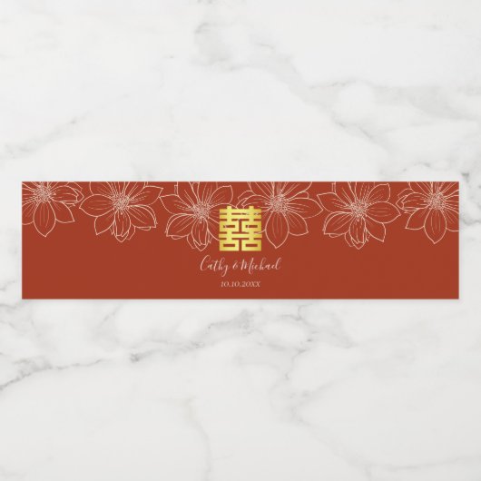 Boho rode moderne bloemen Chinese bruiloft Waterfles Etiket (Enkel label)