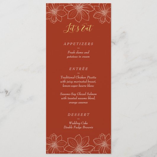 Boho rode moderne bloemige Chinese bruiloft Menu (Voorkant)