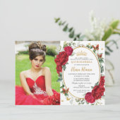 Boho Rode Pioenen Bloemenvlinders Quinceañera Kaart (Staand voorkant)