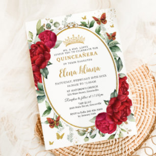 Boho Rode Pioenrozen Bloemvlinders Quinceañera  Kaart