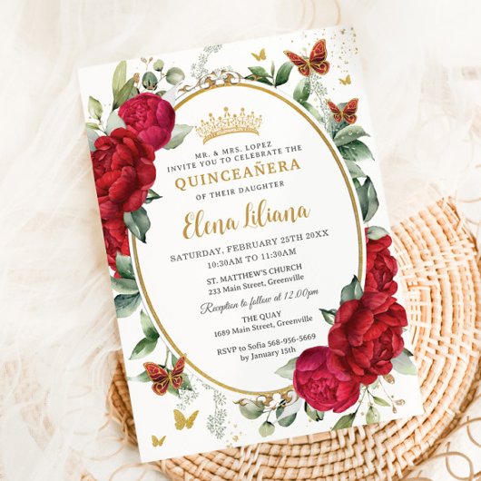 Boho Rode Pioenrozen Bloemvlinders Quinceañera  Kaart