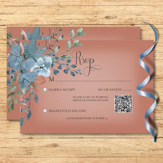 Boho Roest & Blauw Bloemen Bruiloft Roest QR Code RSVP Kaartje