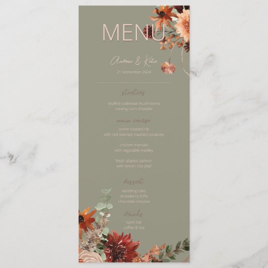 Boho Roest & Neutraal Herfst Bloemen Groene Huweli Menu (Voorkant)