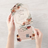 Boho Roest & Neutrale Herfst Bloem Aardbeien QR Co All In One Uitnodiging (Afscheurbaar)