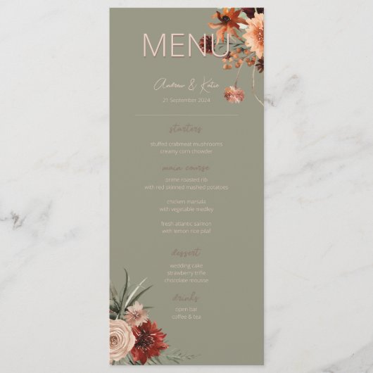 Boho Roest & Neutrale Herfst Bloemen Groene Bruilo Menu (Voorkant)